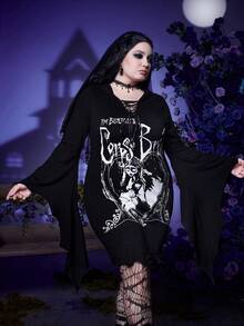 Corpse Bride | ROMWE Hơn Nhân vật hoạt hình & Đồ họa Chữ cái Tay áo kèn  Đầm - màu đen - Xem 3