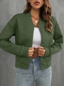 SHEIN Privé Zip Up Drop Shoulder Bomber Jacket - Army Green - View 8