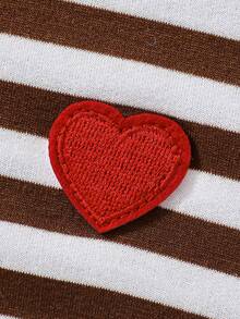 SHEIN Tween Girl Striped Print Heart Embroidery Sweatshirt - Brown - View 3