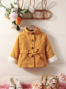 Baby Girl Fuzzy Cuff Belted Coat - Yellow - View 1