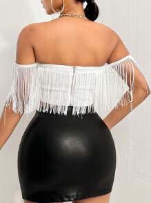 SHEIN SXY 一字肩流蘇邊短款牛仔抹胸上衣 - 白色 - 查看 2