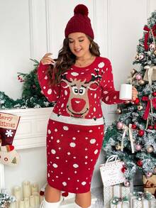SHEIN Frenchy Plus Christmas Pattern Sweater Dress - Red - View 6