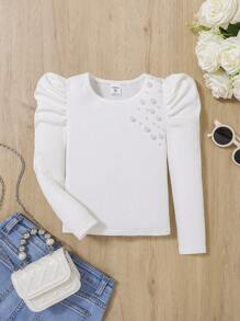 SHEIN Leap Crew 女小童珍珠串珠羊腿袖T恤