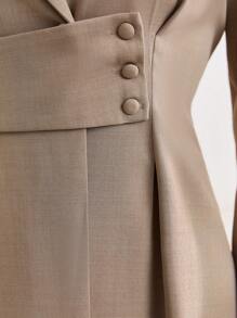 Seusyu Solid Lapel Neck Dress - Khaki - View 6