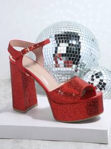 Glitter Open Toe Ankle Strap Platform Heels - Red - View 2