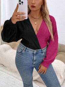 Calvaya Plus Two Tone Plunging Neck Lantern Sleeve Bodysuit - Hot Pink - View 1