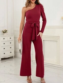 One Shoulder Belted Wide Leg Jumpsuit - Red - View 4