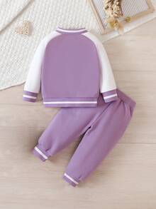 男嬰撞色插肩袖飛行員夾克和運動褲&T恤 - 紫色 - 查看 2