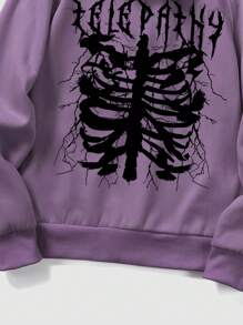 ROMWE MEN Grunge Punk Áo hoodie giữ nhiệt tay rút họa tiết bộ xương cho nam dùng trong lễ Halloween, đi học - Màu tím - Xem 4