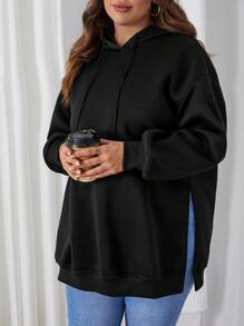 SHEIN 孕婦大碼連帽衫帶開衩和抽繩細節 - 黑色 - 查看 4