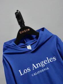 SHEIN Tween Boy Letter Graphic Kangaroo Pocket Hooded Tee - Blue - View 3