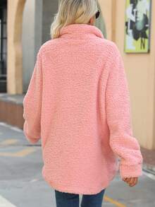 青少年女孩翻蓋細節弧形下擺絨毛外套 - 粉色 - 查看 2