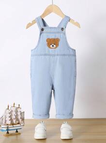 Baby Girls' Casual Loose Cone-Shaped Denim Overalls With Cute Bear Patch - Light Wash - View 1