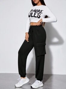 SHEIN PETITE Solid Drawstring Waist Flap Pocket Side Cargo Pants - Black - View 5