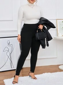 SHEIN Privé Plus Contrast Side Seam Leggings - Black - View 6