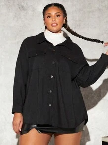 SHEIN CURVE+ Women's Plus Size Flip Pocket Shirt - Black - View 3
