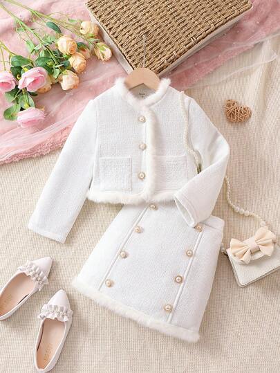 SHEIN Young Girl Fuzzy Trim Pocket Patched Button Up Tweed Jacket and Skirt