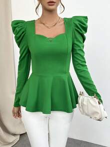 SHEIN Privé Cổ Trái tim Tay áo Xoay eo Áo thun - Màu xanh lam - Xem 4