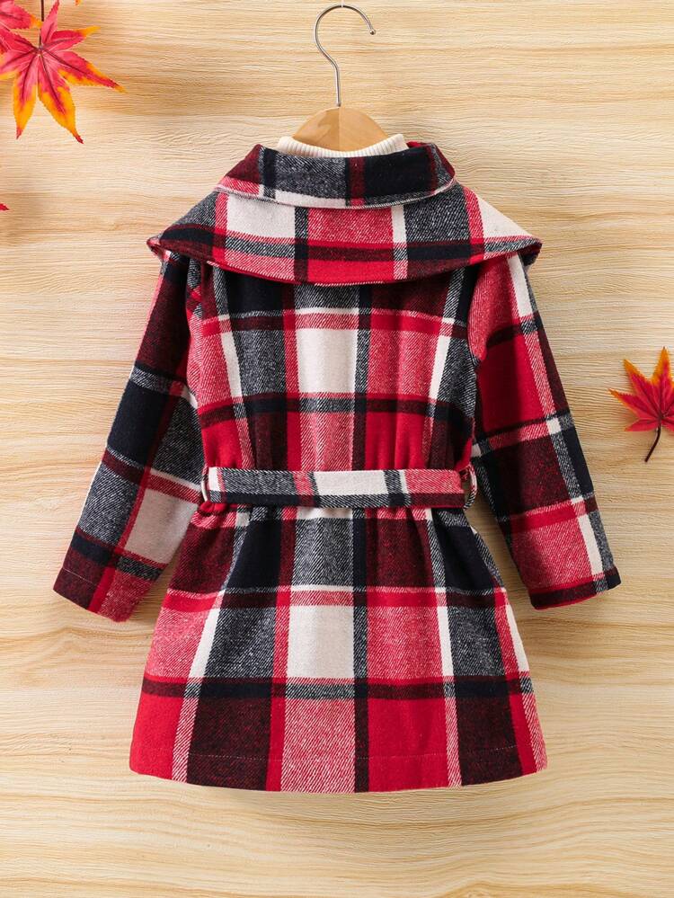 Young Girl 1pc Plaid Print Belted Overcoat & 1pc Scarf