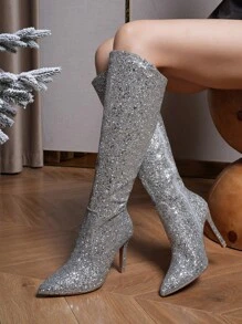 Women's Knee-high Silver Boots, Shiny & Sparkly Boots For Evening Party - Silver - View 4