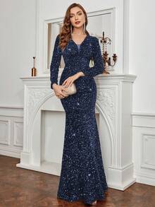 Váy sequin viền đuôi cá thanh lịch dài tay trang trọng cho tiệc tối dự tiệc cưới, tốt nghiệp, tiệc tối - Màu xanh lam - Xem 4