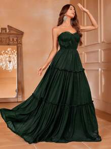 Frill Trim Ruffle Hem Tube Prom Dress - Dark Green - View 3