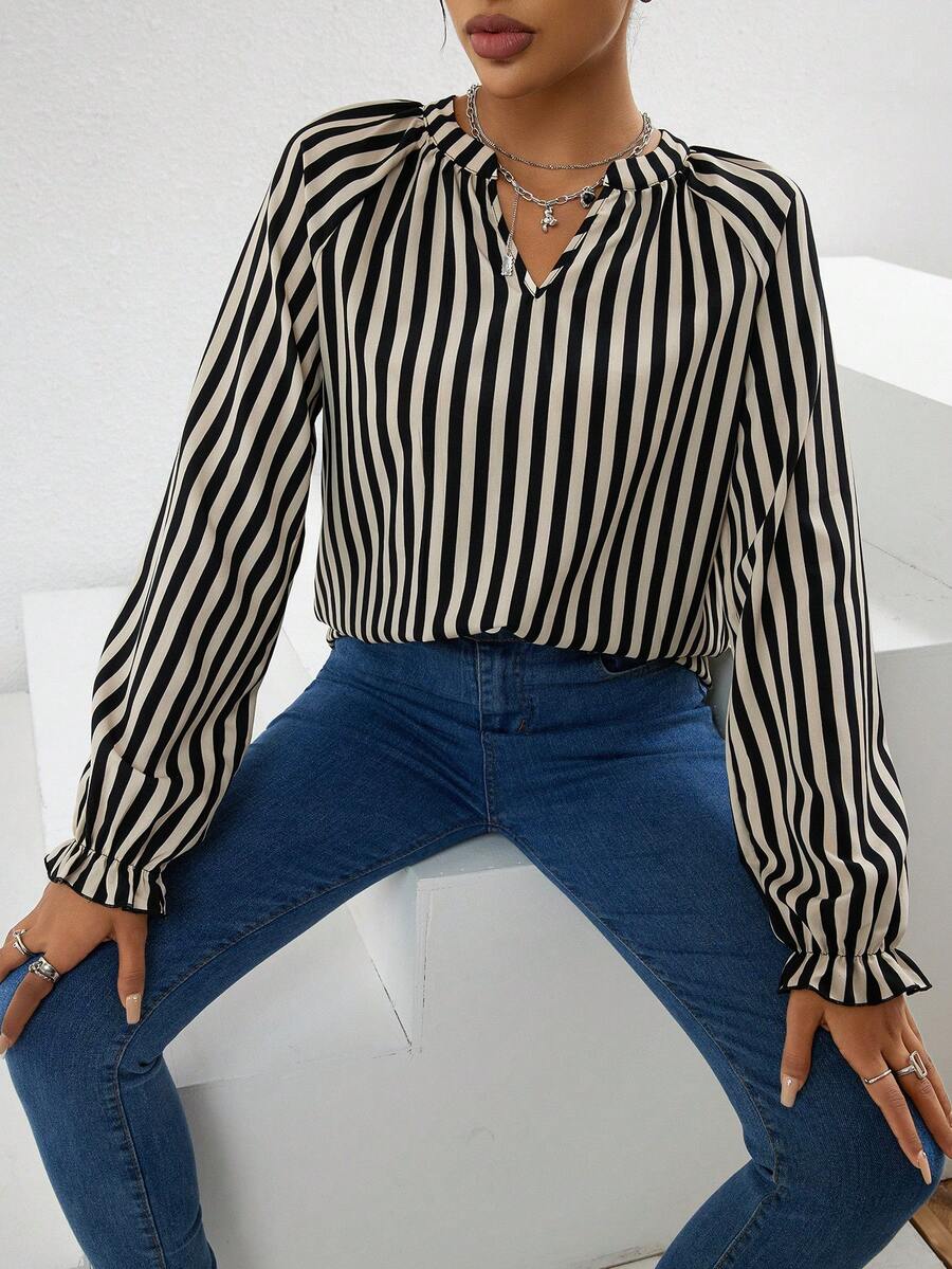 INAWLY Striped Print Flounce Sleeve Blouse - Multicolor - View 1