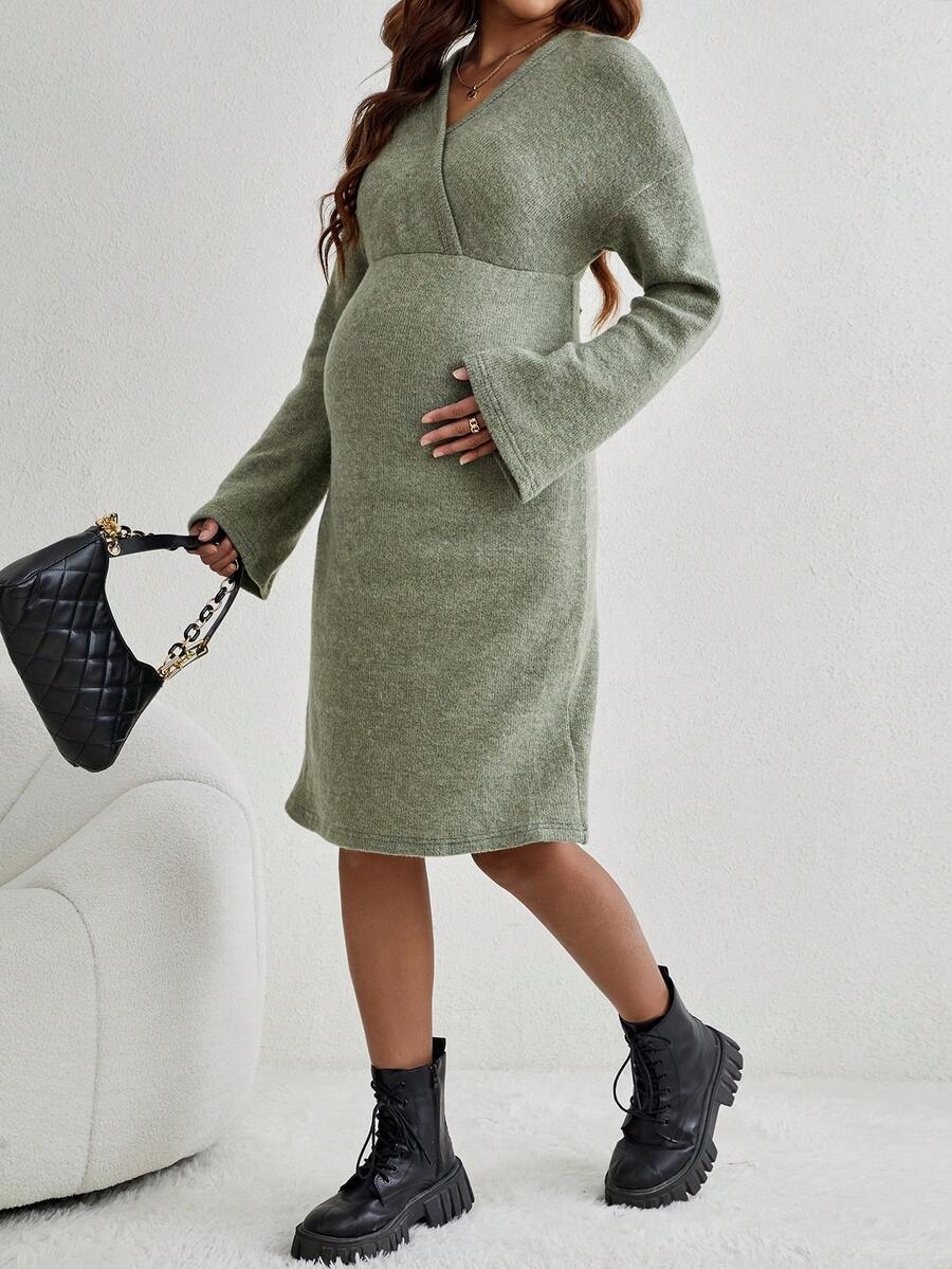 SHEIN Thai sản Surplice cổ Thả vai Đầm - màu xanh lá - Xem 1