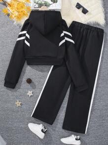 Thiếu niên cô gái In Trái tim Sọc tương phản Áo Zip Up Hoodie & Quần - màu đen - Xem 2