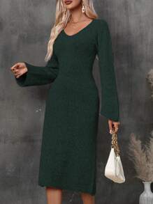 SHEIN Clasi Solid Flare Sleeve Sweater Dress - Green - View 5