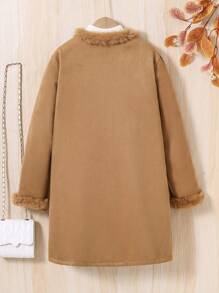 SHEIN Tween Girl 1pc Fuzzy Trim Open Front Overcoat - Khaki - View 2