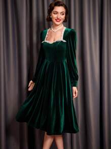 SHEIN DECDS 蕾絲裝飾甜心領燈籠袖天鵝絨連身裙俱樂部女裝綠色連身裙派對女裝長裙連身裙帶袖復古衣服冬季連身裙聖派翠克節 - 綠色 - 查看 4