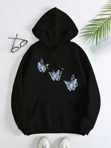 Áo Hoodie Nữ Thời Trang Thường Ngày, Áo Hoodie Phong Cách Preppy, Họa Tiết Bướm, Áo Tay Dài, Ấm Áp, Thích Hợp Cho Mùa Thu Đông, Màu Đen - màu đen - Xem 1