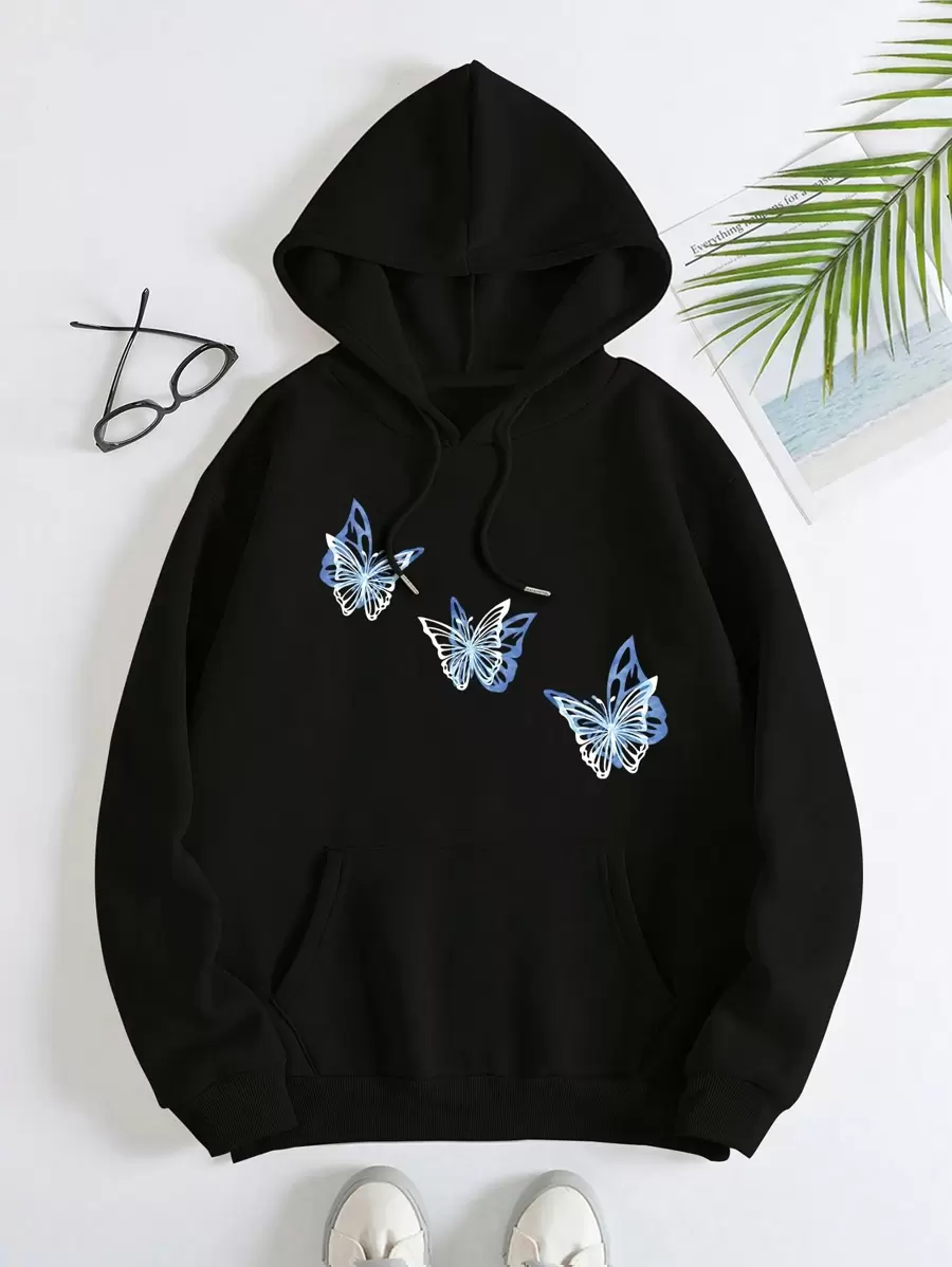 Áo Hoodie Nữ Thời Trang Thường Ngày, Áo Hoodie Phong Cách Preppy, Họa Tiết Bướm, Áo Tay Dài, Ấm Áp, Thích Hợp Cho Mùa Thu Đông, Màu Đen - màu đen - Xem 1