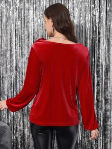 SHEIN Clasi Draped Collar Lantern Sleeve Velvet Tee - Red - View 2
