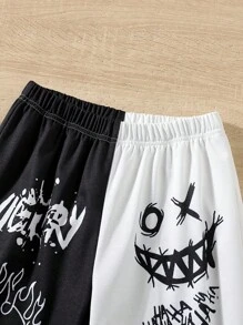 SHEIN Tween Boy Cartoon & Letter Graphic Two Tone Sweatpants - Black and White - View 4