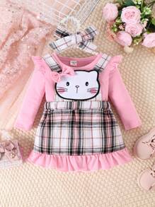 Baby Girl Ruffle Trim Tee & Plaid Print Overall Dress & Headband - Pink - View 6