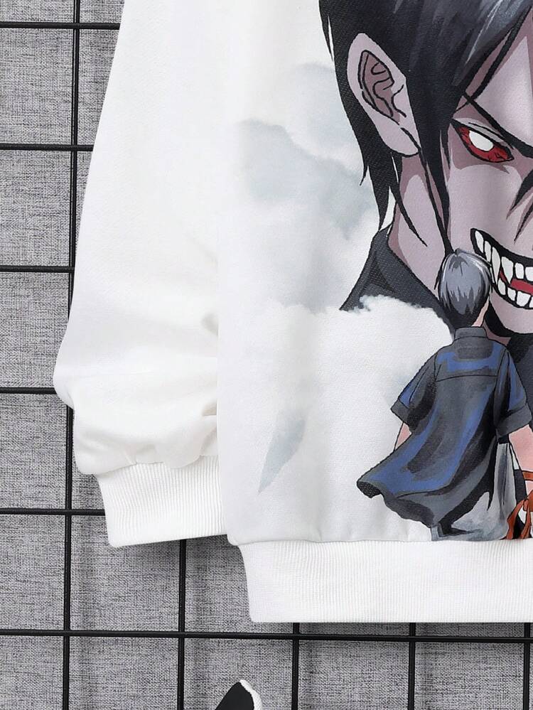 Tween Boy Japanese Letter & Figure Graphic Drop Shoulder Pullover