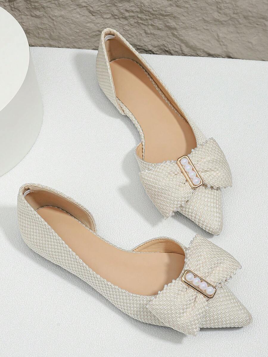 Faux Pearls Decor Ballet Flats, Beige Bowknot & Pearl Solid Color Ballet Flats For Women - Beige - View 1