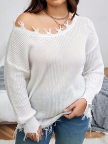 Calvaya Plus Drop Shoulder Distressed Trim Sweater Knit Pullover Fall Winter Sweater - White - View 4