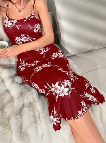 Floral Print Lettuce Trim Cami Pajama Nightdress PerfectSummer - Red - View 5