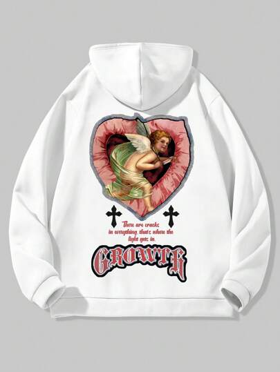 Street Life Guys Slogan & Figure Graphic Kangaroo Pocket Drawstring Thermal Lined Hoodie