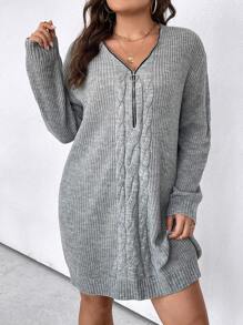 SHEIN Clasi Plus Drop Shoulder Zip Half Placket Sweater Dress, For Winter - Light Grey - View 3