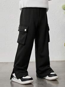 SHEIN Chàng trai trẻ Túi nắp bên cạnh Viền chia cắt Quần thể thao - màu đen - Xem 1