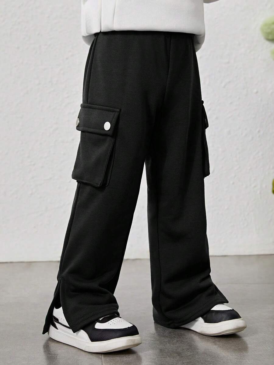 SHEIN Chàng trai trẻ Túi nắp bên cạnh Viền chia cắt Quần thể thao - màu đen - Xem 1