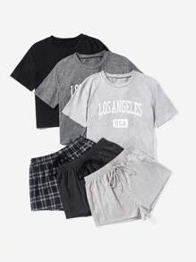 SHEIN 6pcs Letter Graphic Top & Shorts Lounge Set Outfit - Multicolor - View 4