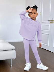 女小童字母壓紋落肩袖連帽衫和緊身褲 - 紫色 - 查看 3