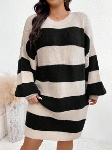 SHEIN Frenchy 大碼雙色落肩袖毛衣洋裝 - 黑與白 - 查看 1