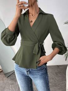 SHEIN Privé 素色側打結圍裹女士襯衫 - 軍綠色 - 查看 5