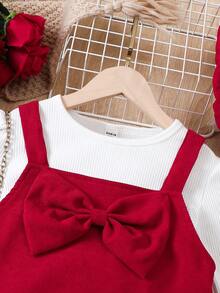 SHEIN Tween Girl Solid Tee & Bow Front Cami Dress & Hat for Christmas - Multicolor - View 4